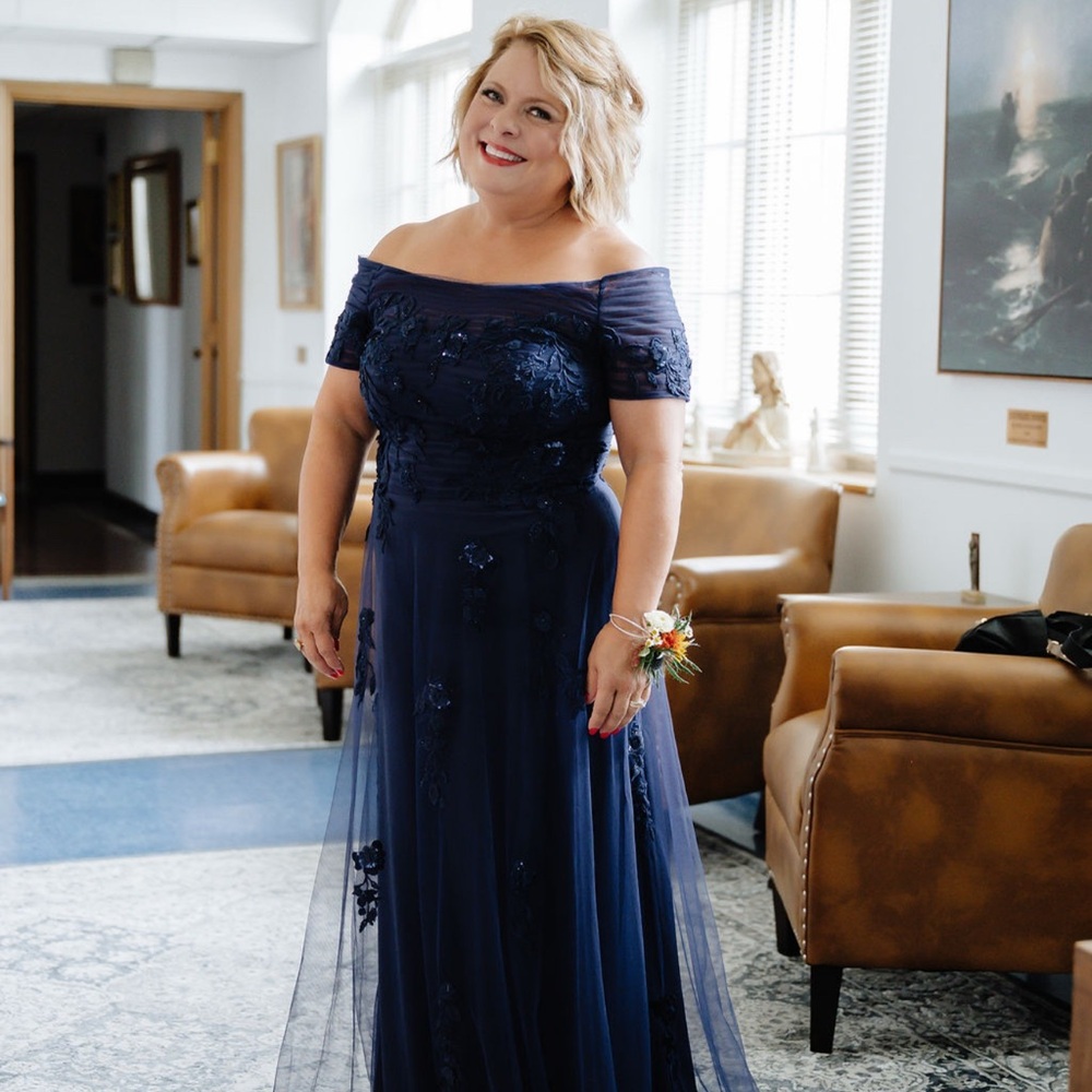 Cameron Blake 751 Mother of the Bride Navy Blue Off-Shoulder Dress